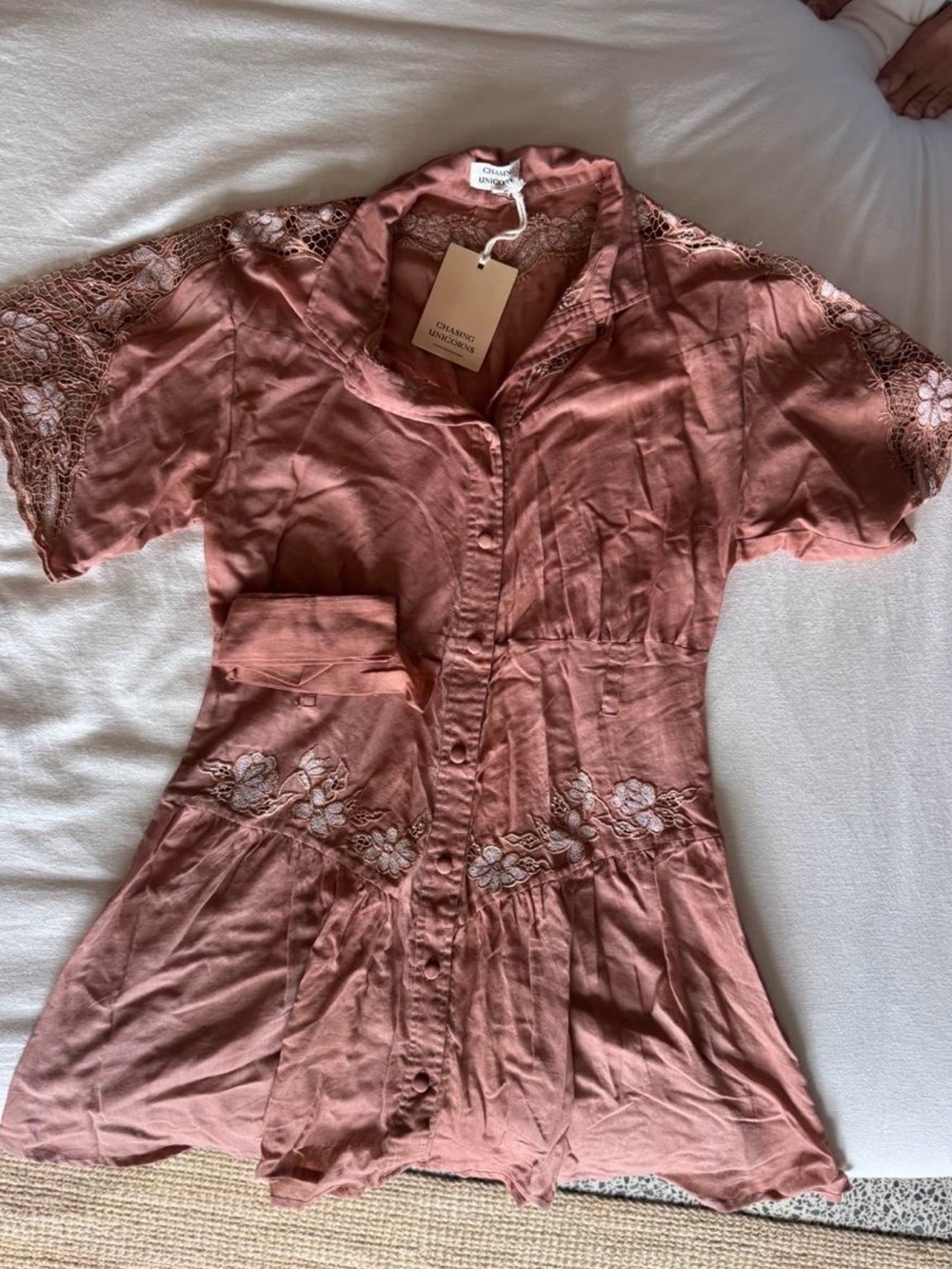 - trade Chasing Unicorns Rose-Mauve Embroidered Tie-Waist Mini Dress - Picture 3 of 4